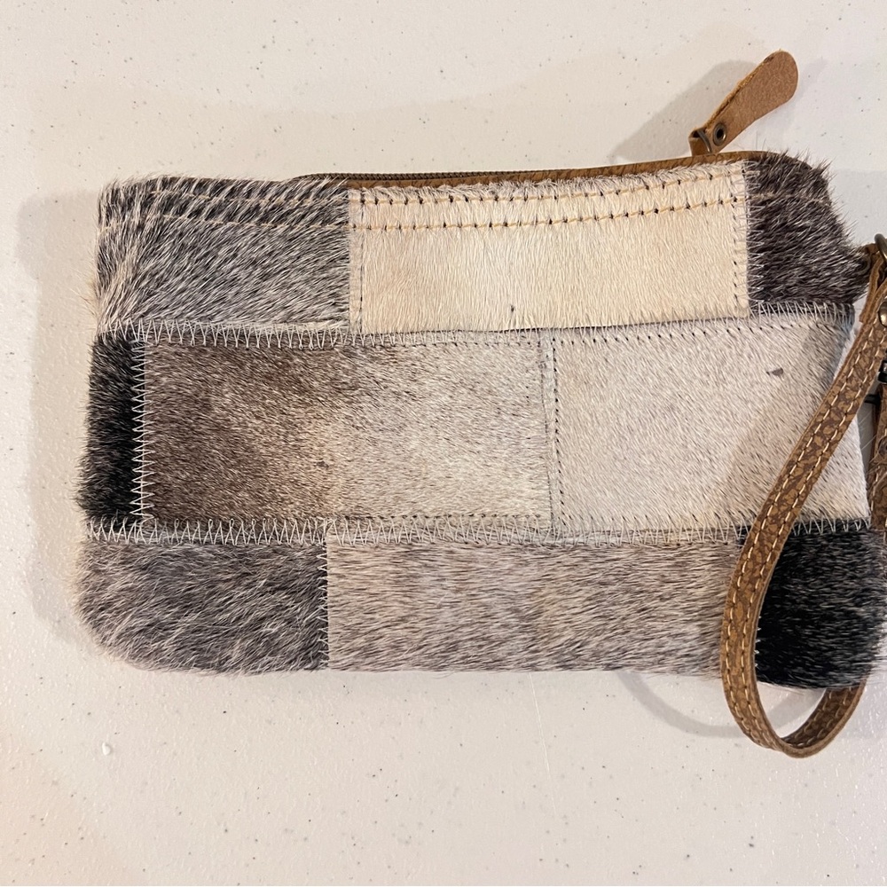 Myra Bag Wristlet Clutch Leather Cowhide Hair Patchwork Zip Close with Strap 9" - Picture 3 of 10
